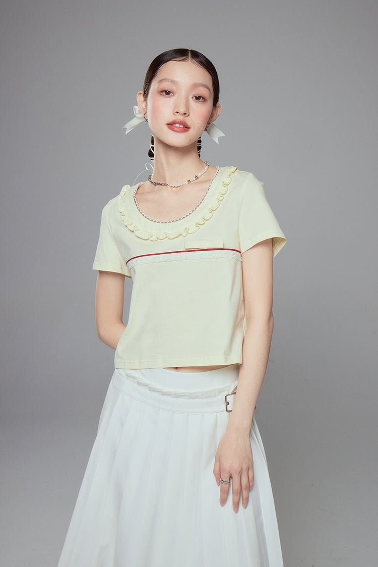 Cropped Contrast Lace Collar Short Sleeve T-shirt NA5333