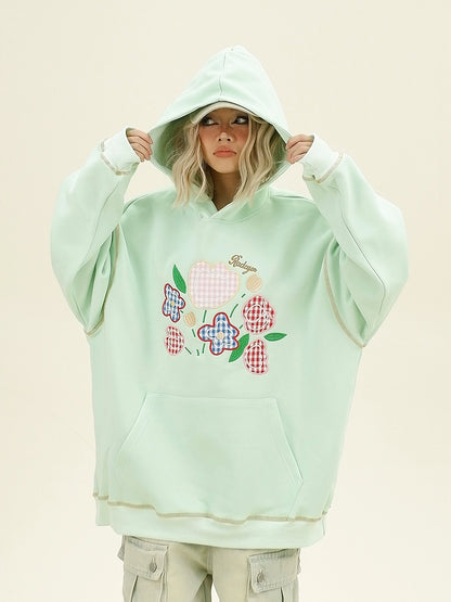 Plaid Floral Embroidery Oversize Hoodie NA6336