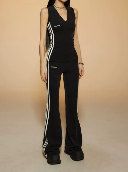 Side Stripes V-neck Slim Fit Tank Top & Slim Flare Pants Setup NA3638