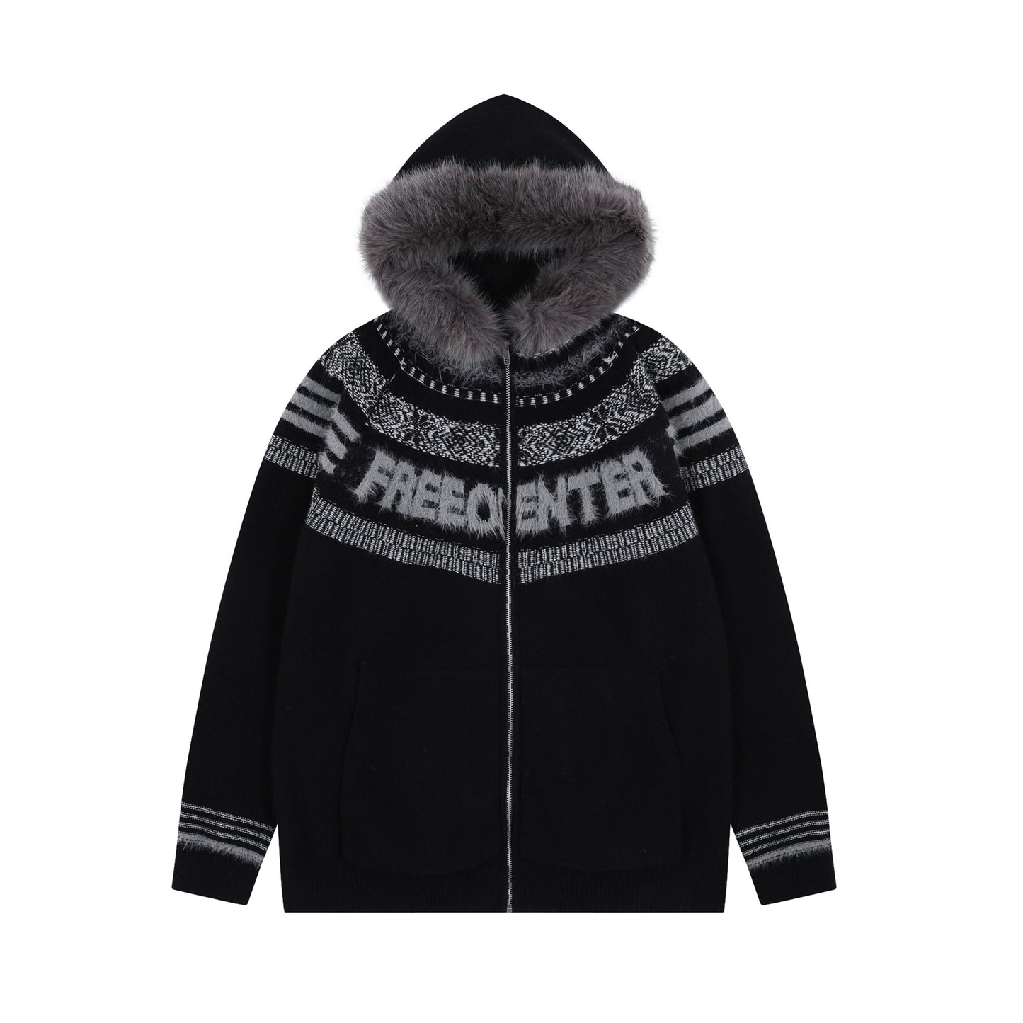 Fair Isle Hooded Detachable Fur Collar Knit Cardigan NA8870