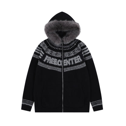 Fair Isle Hooded Detachable Fur Collar Knit Cardigan NA8870