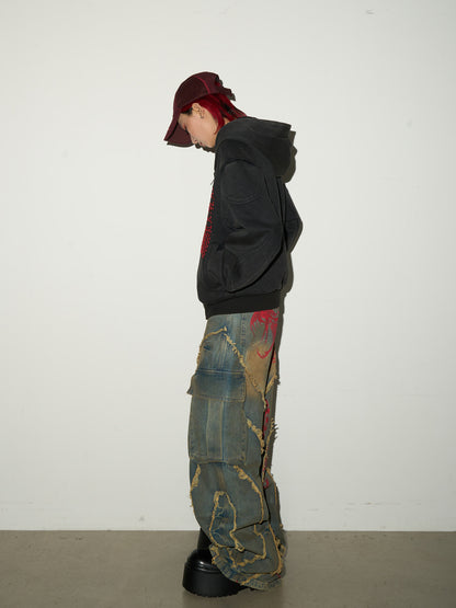 Embroidery Wash Damage Oversize Zipper Hoodie NA9070