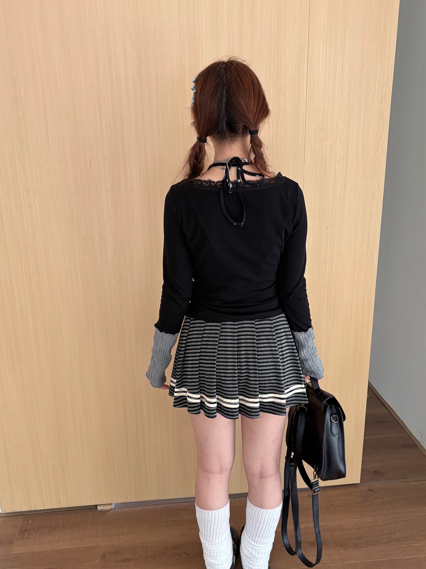 Star Print Pleated Striped Short Skirt NA9276