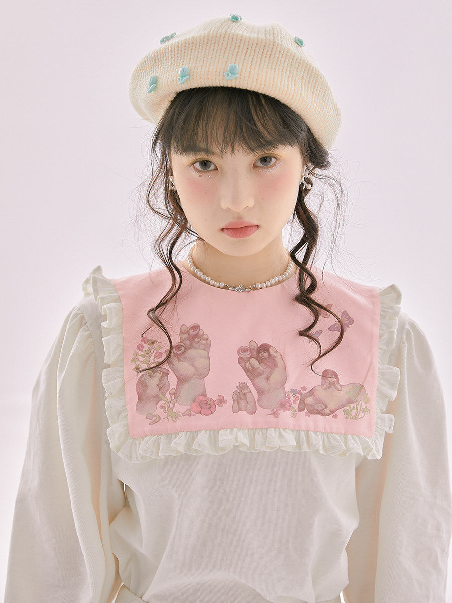 Quirky Print Bubble Sleeve Fake Layered Long Sleeve Blouse NA8294