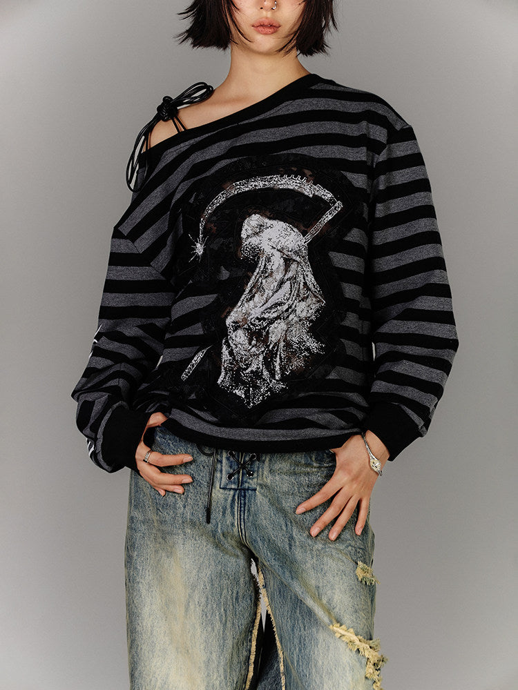 Off-Shoulder Drawstring Stripe Oversize Long Sleeve T-Shirt NA8885