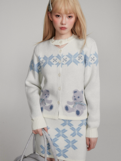 Teddy Bear Snowflake Knit Cardigan & Short Skirt Setup NA8835