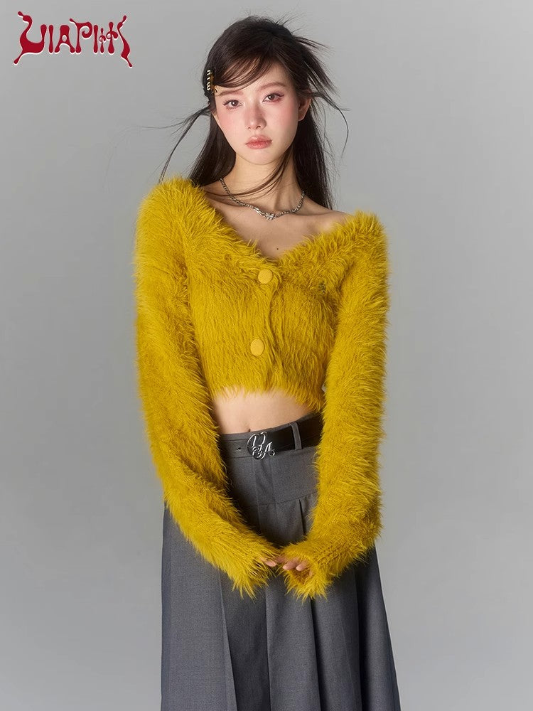 Cropped Furry Knit V-neck Cardigan NA4808