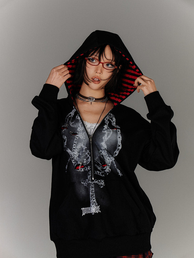 Fake Layered Zipper Stripe Oversize Pullover Hoodie NA8920