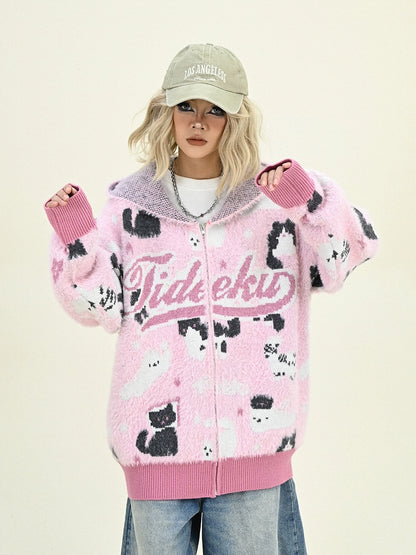 Cat Design Hooded Knit Cardigan NA6471