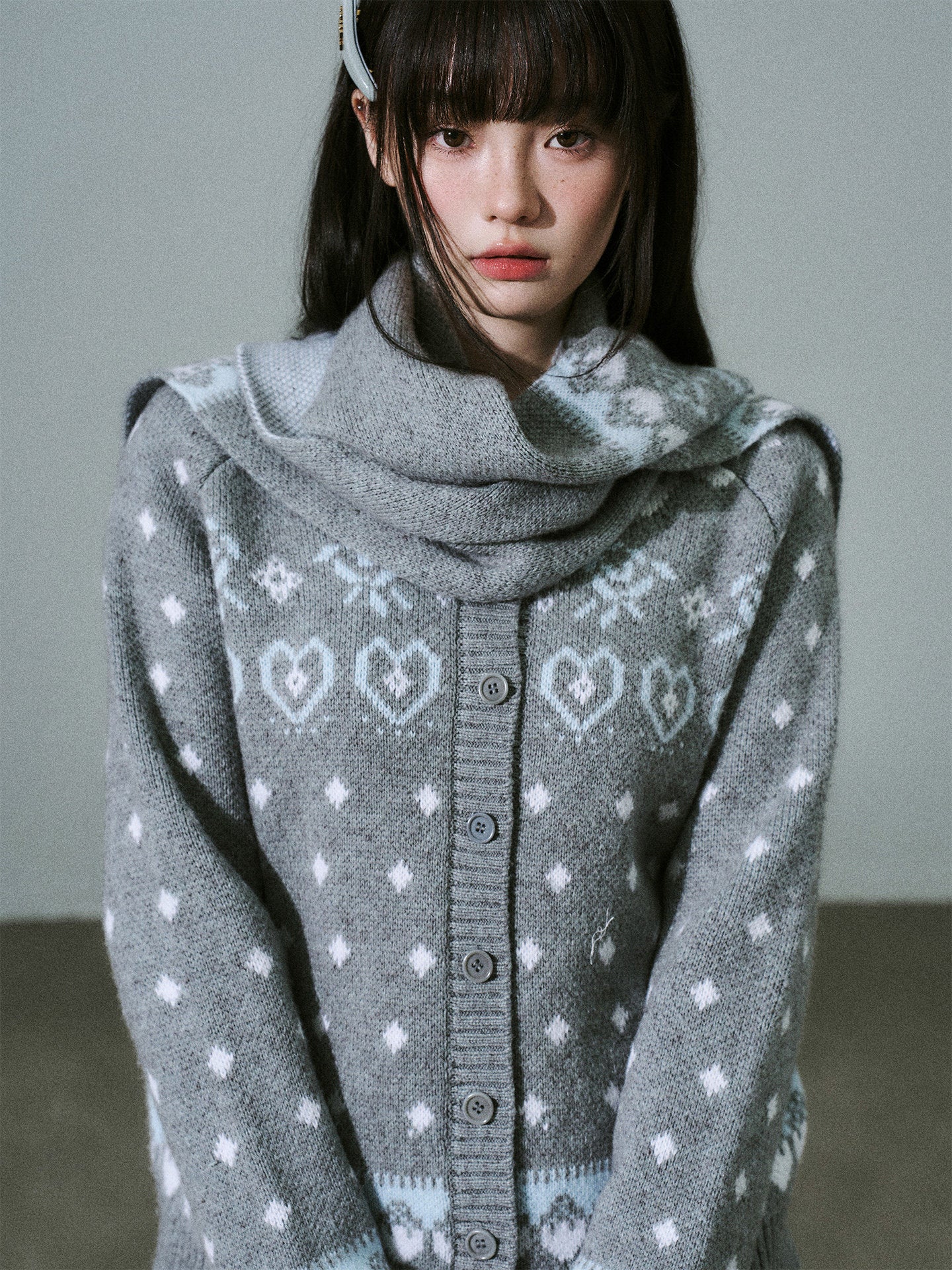 Fair Isle Pattern Wool Blend Scarf Knit Cardigan NA8791