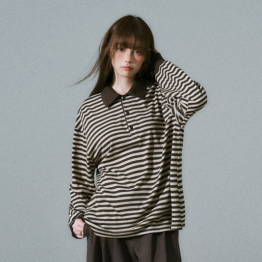 Brown Striped Long Sleeve Polo-Shirt NA8813