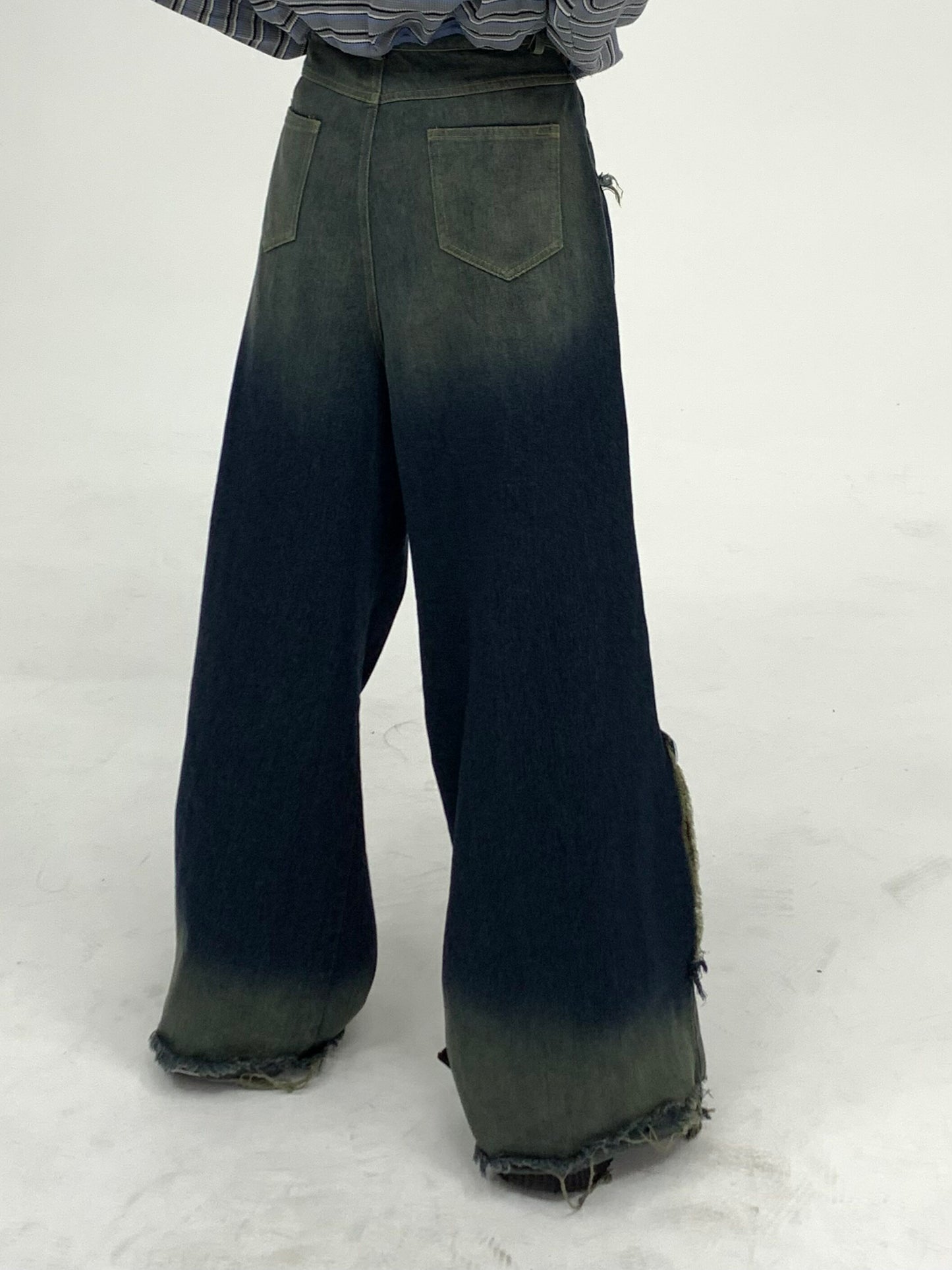 Washed Damage Fray Panel Wide Leg Denim Jeans NA9296