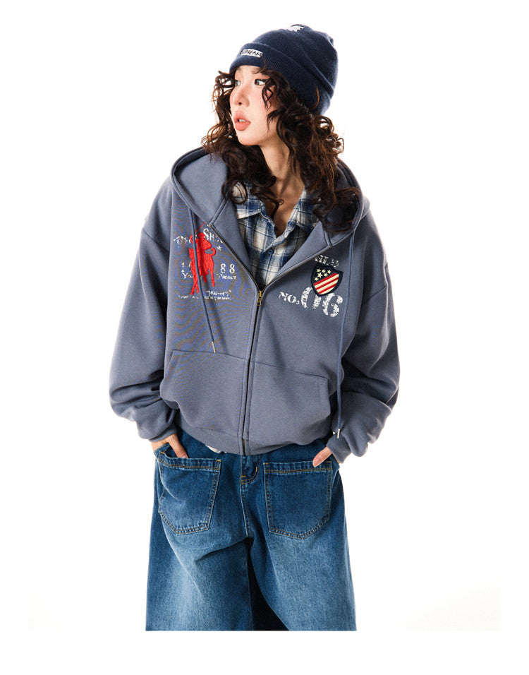 Letter Embroidery Washed Zipper Hoodie WN9345