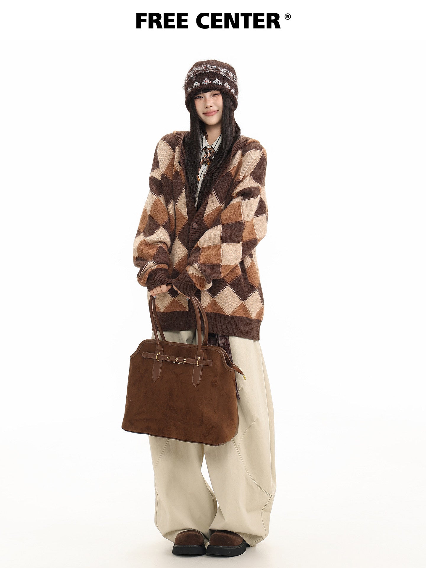 Heavyweight Diamond Pattern Oversize Hooded Knit Cardigan & Knit Sweater NA8871