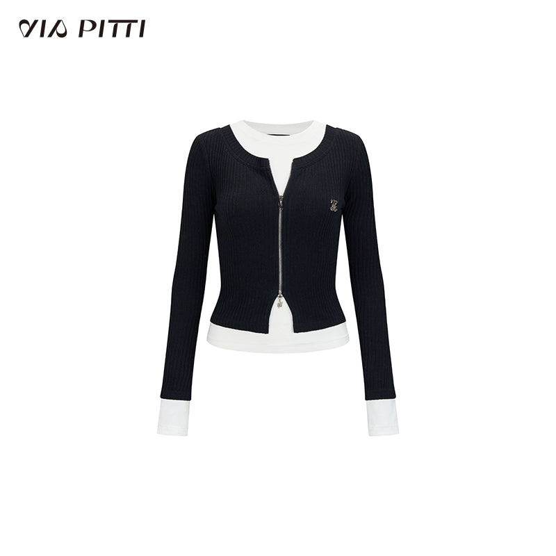 Fake Layered Zipper Long Sleeve Knit Cardigan NA4980