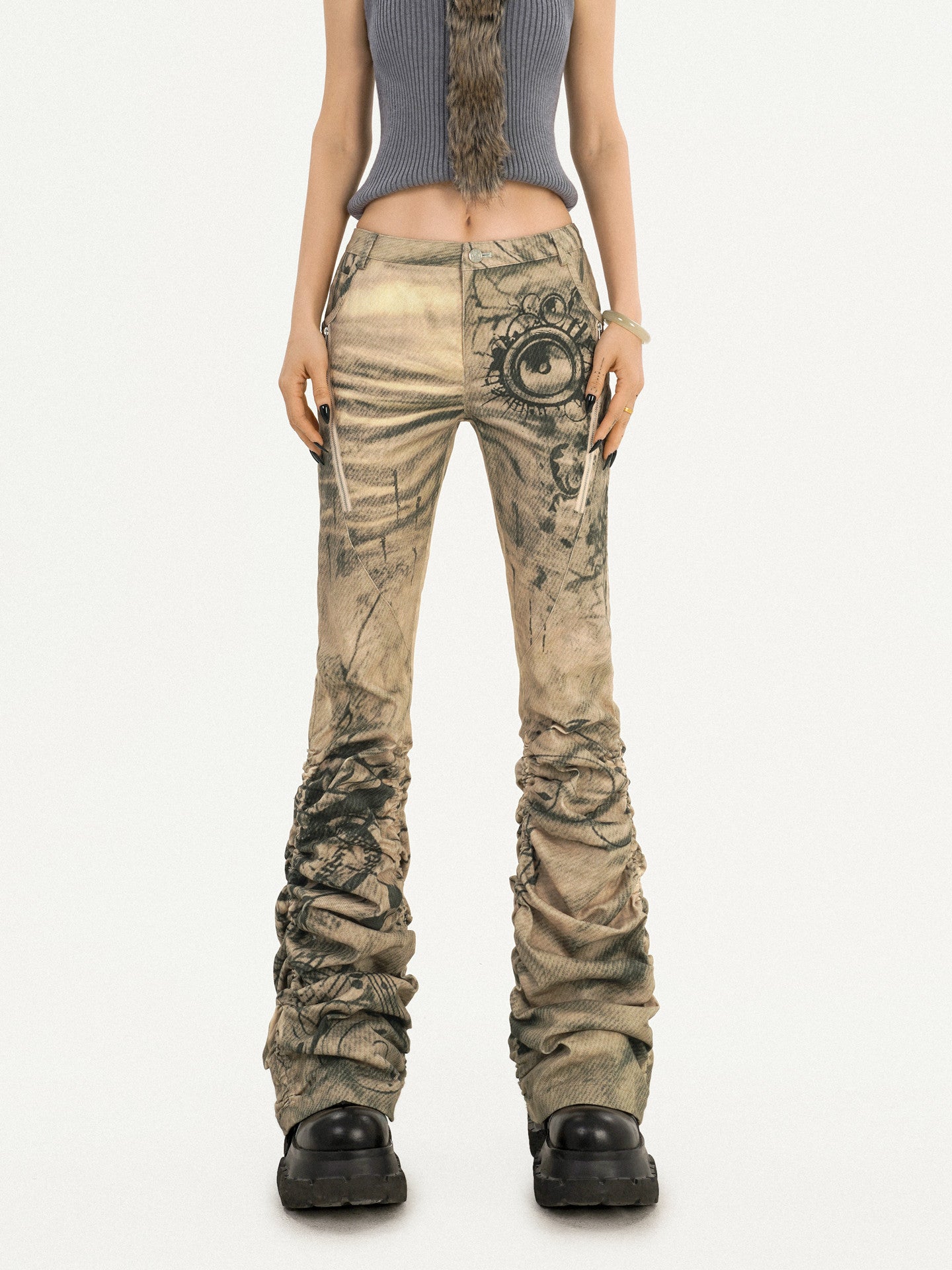 Ink Print Low Rise Stacked Flare Denim Jeans NA8585