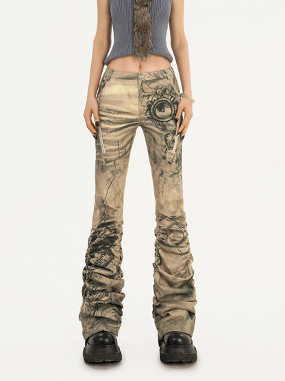 Ink Print Low Rise Stacked Flare Denim Jeans NA8585