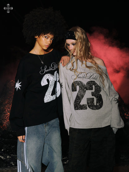 Number Print Off-Shoulder Long Sleeve T-Shirt NA8931