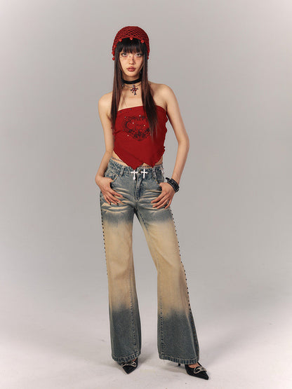 Washed Gradient Studs Detail Flare Denim Jeans NA9215