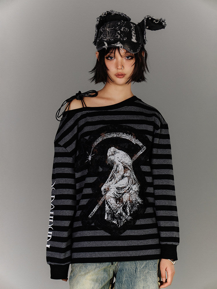 Off-Shoulder Drawstring Stripe Oversize Long Sleeve T-Shirt NA8885