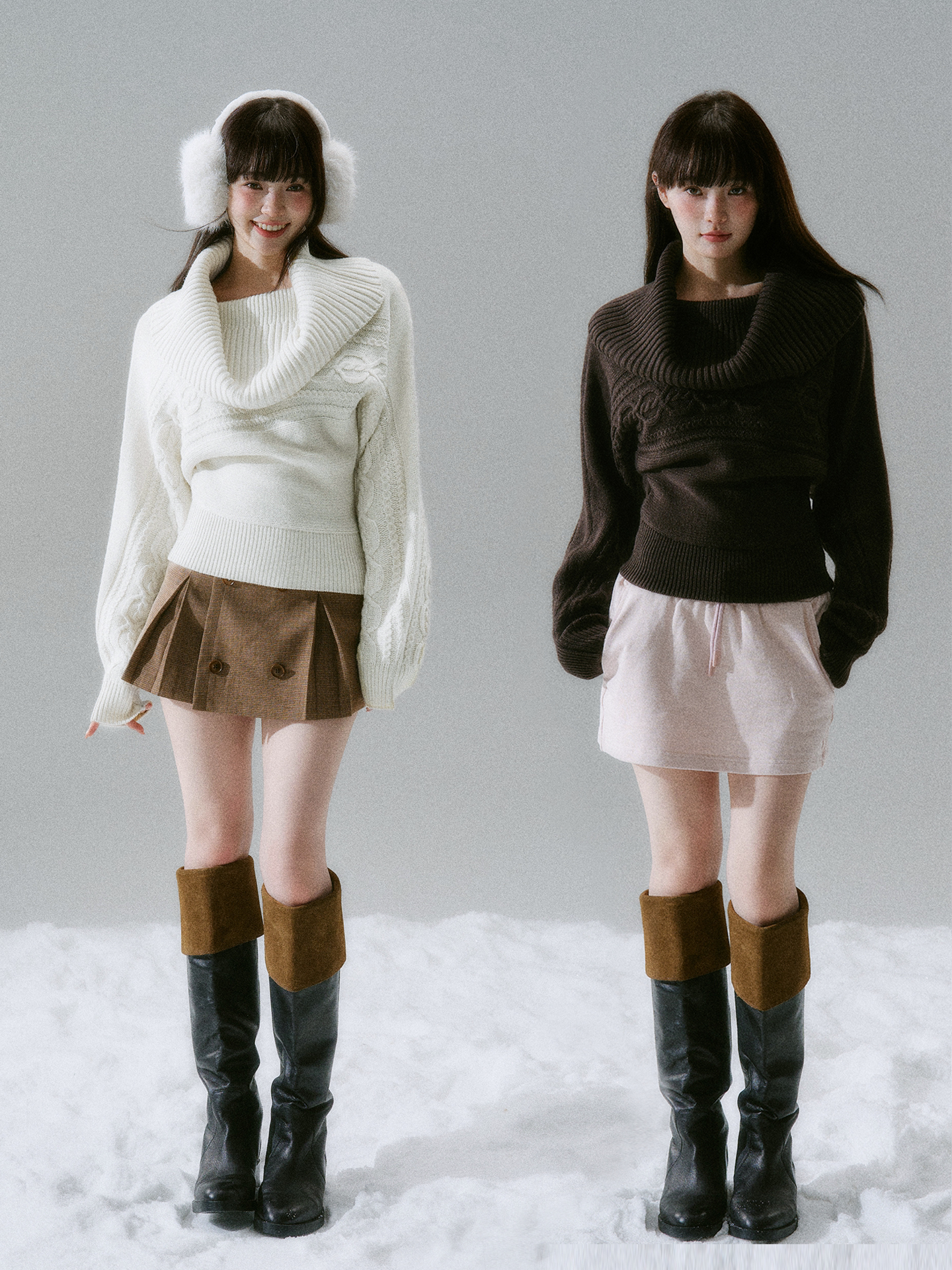 Ribbed Cowl Neck Cable Sleeve Knit Sweater NA8834