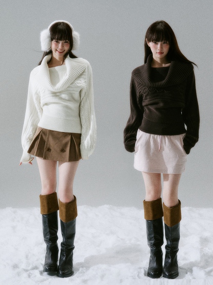 Ribbed Cowl Neck Cable Sleeve Knit Sweater NA8834