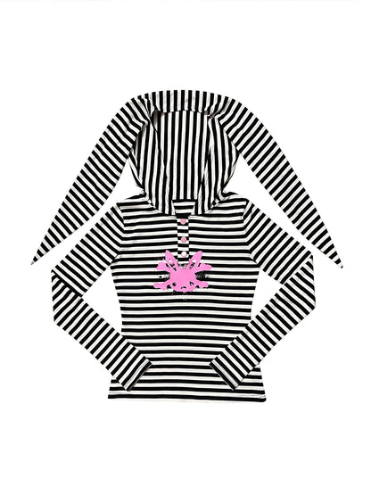 Stripe Rabbit Ear Hooded Skull Print Long Sleeve T-shirt NA6606