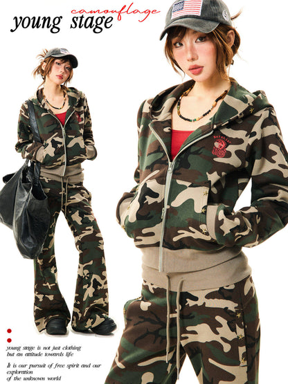 Camouflage Zipper Hoodie & Flare Pants Setup NA9339