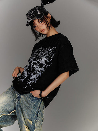 Washed Damage Oversize Short Sleeve T-Shirt & Spiderweb Mesh Long Sleeve Shirt NA8926