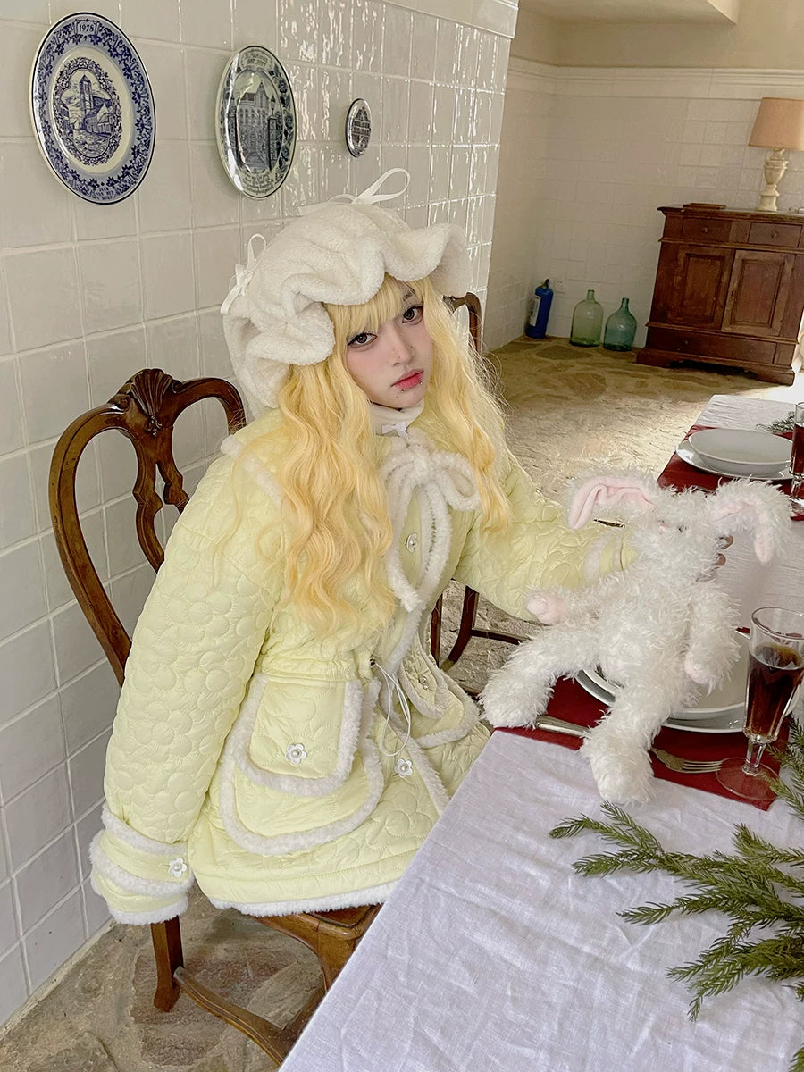 Flower Plush Bow Tie Puffer Jacket NA8302