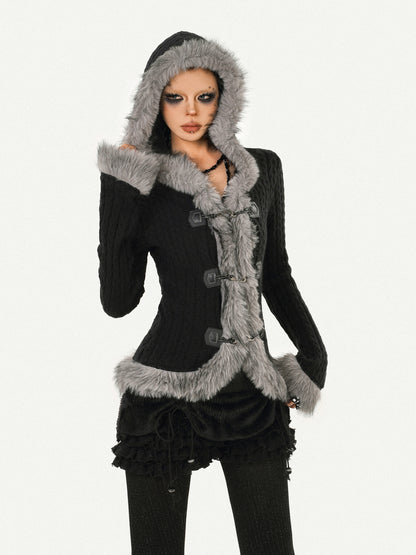 Hooded Fur Collar Fitted Knit Cardigan NA8594