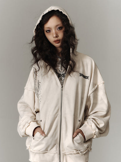 Washed Damage Oversize Zipper Hoodie & Short Skirt & Wide Leg Pants Setup NA8911