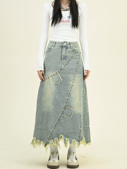 Frayed Fringe Distressed Denim Midi Skirt NA6482