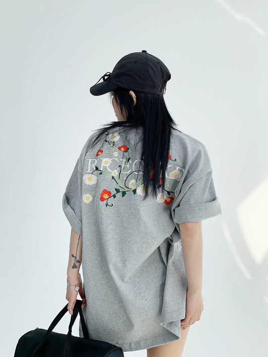 Oversize Flower Embroidery Short Sleeve T-Shirt NA2866