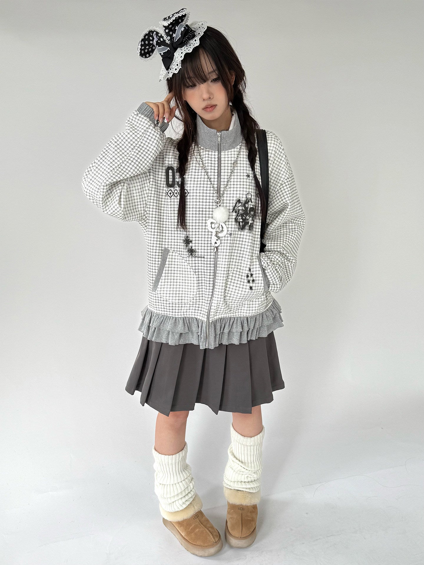 Checkered Ruffle Hem Oversize Zipper Hoodie NA9278
