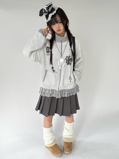 Checkered Ruffle Hem Oversize Zipper Hoodie NA9278