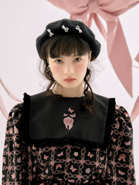 Quirky Print Bubble Sleeve Fake Layered Long Sleeve Blouse NA8294