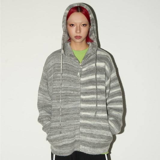 Stripe Hooded Zipper Knit Cardigan NA9026