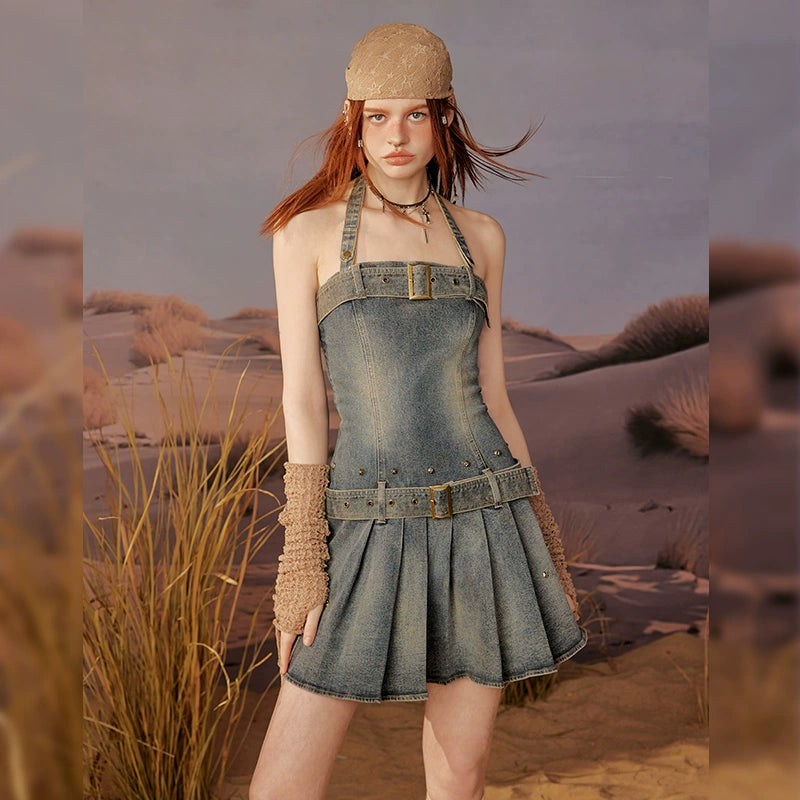 Washed Denim Pleated Dress NA3393