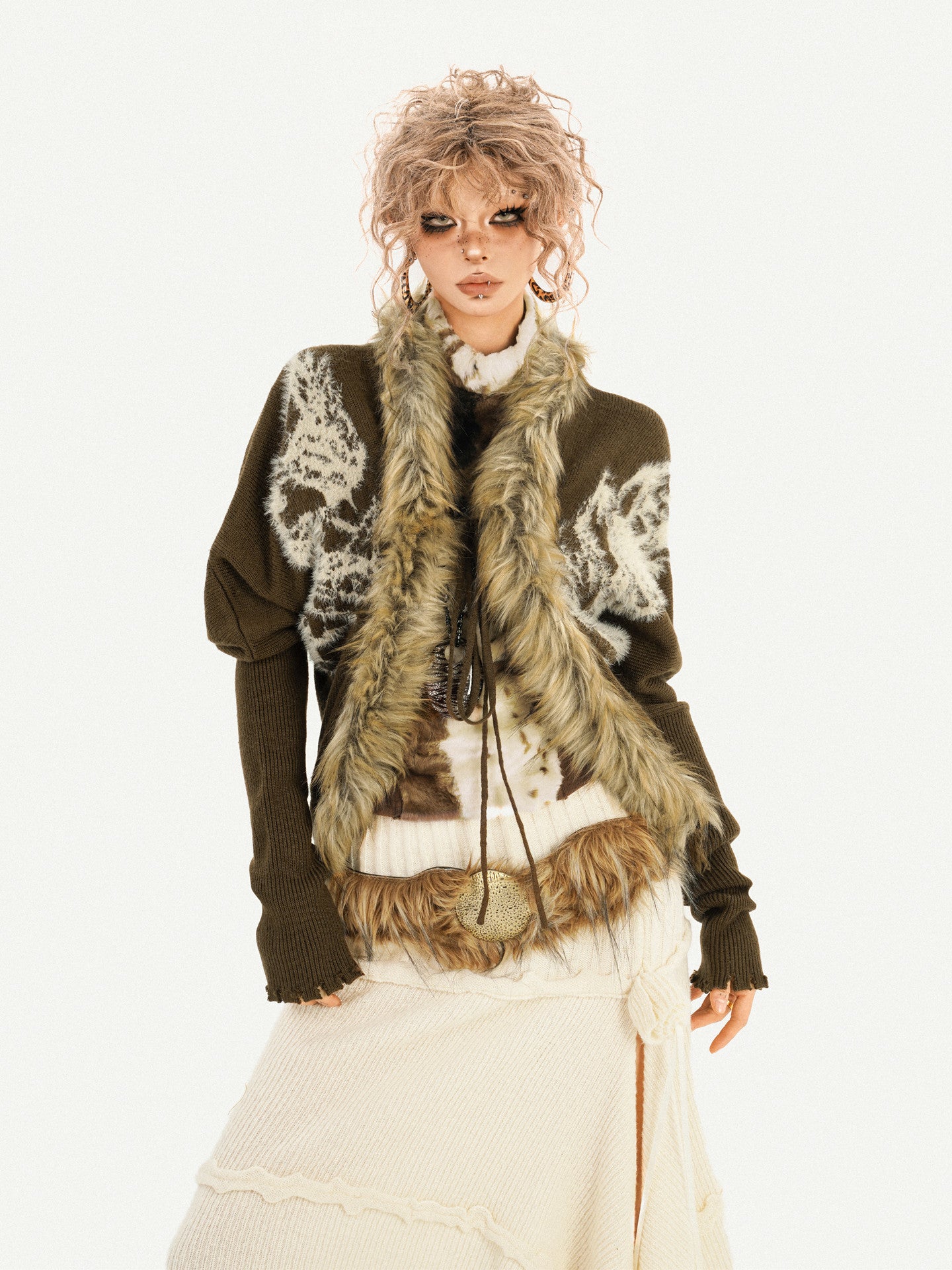 Original Design Batwing Sleeve Fake Fur Collar Knit Cardigan NA8622