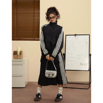 Three Bar Lace Stripe Sporty Jacket &amp; Lace Pants &amp; Lace Skirt Setup NA2473