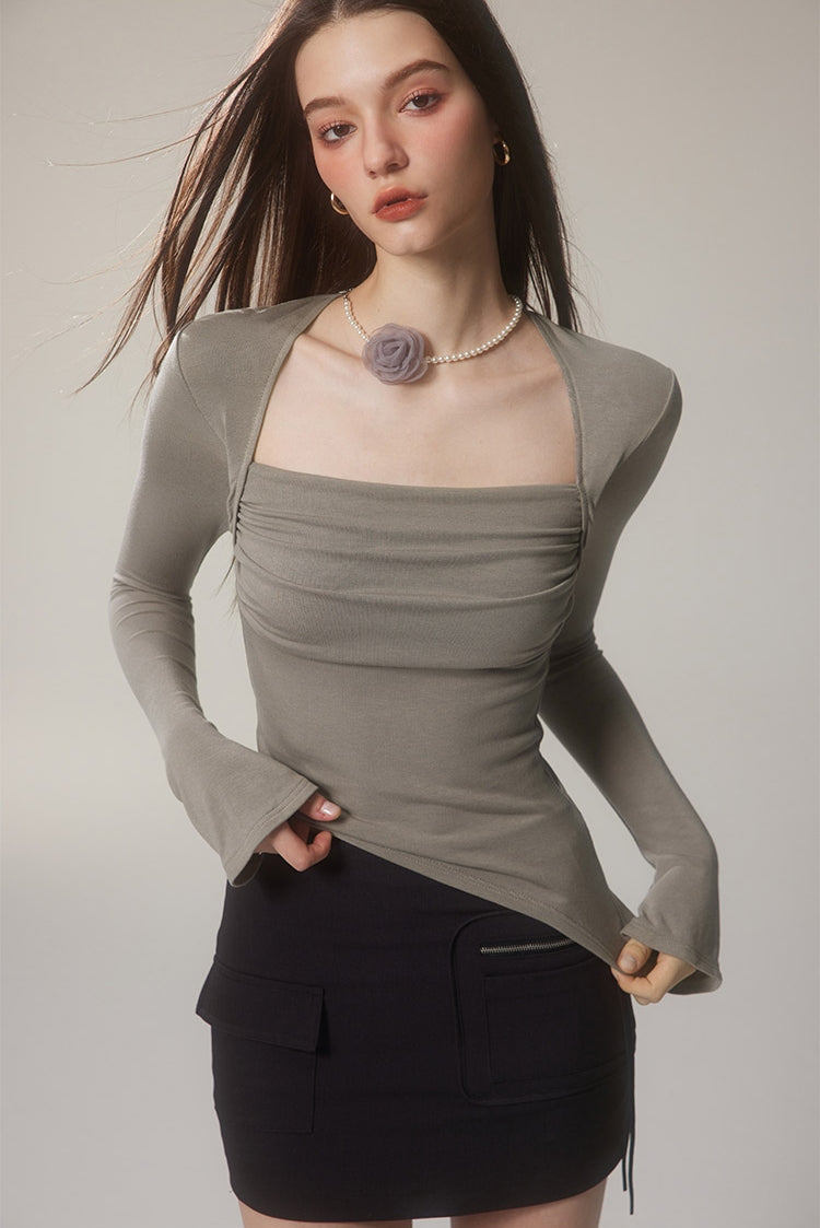 Square Neck Long Sleeve Top with Necklace NA4081