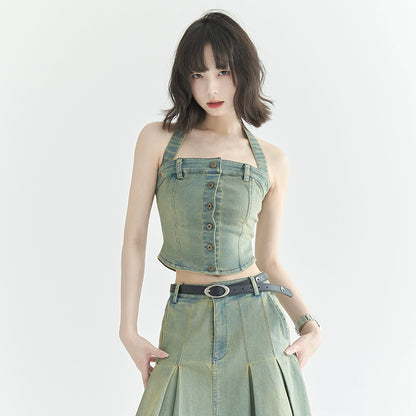 Halter-Neck Short Denim Top NA2756