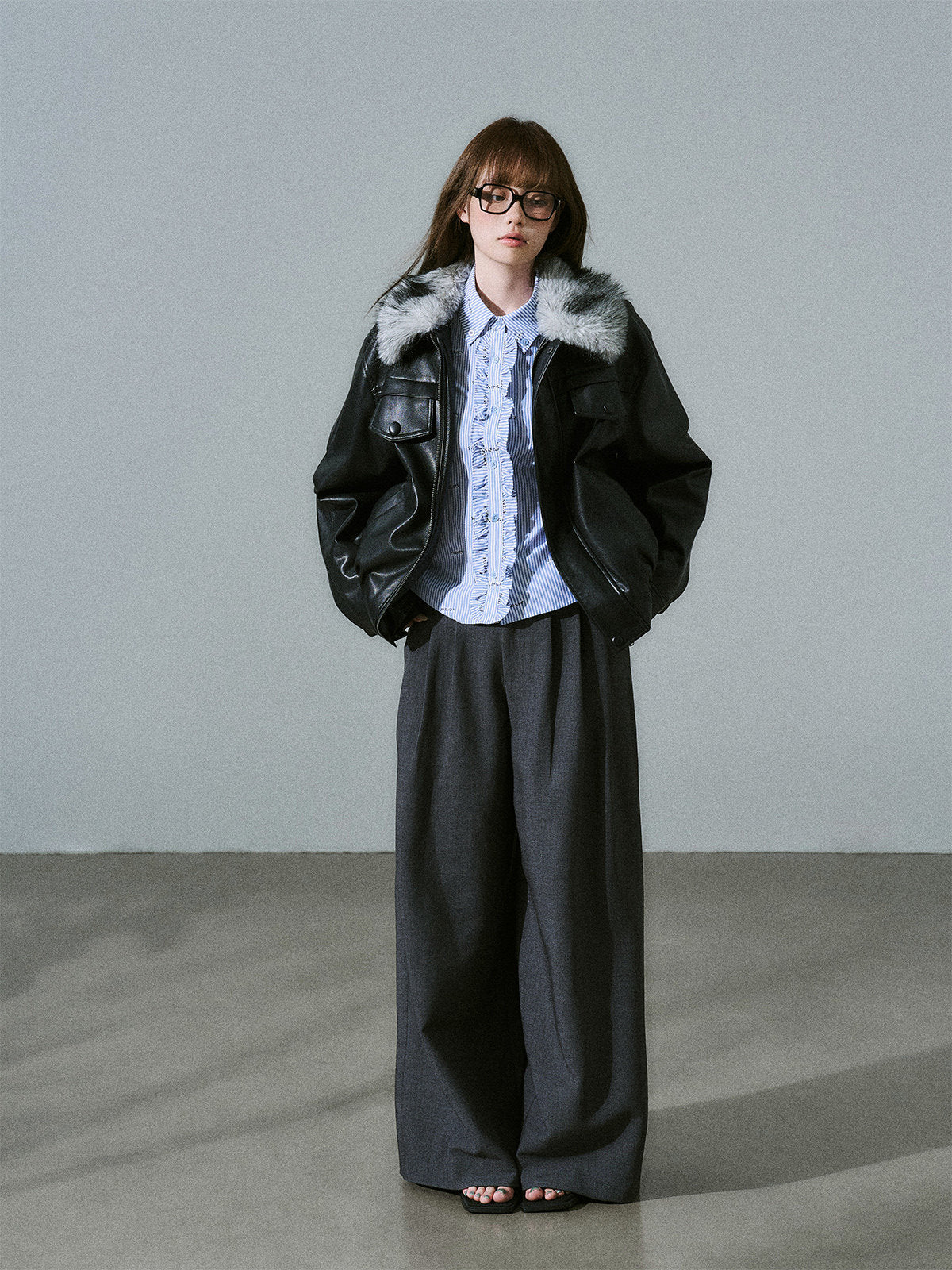 Ruffle Placket Striped Button-Up Long Sleeve Shirt NA8831