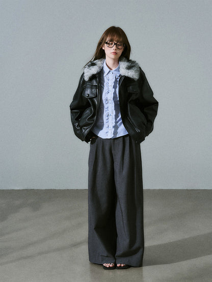 Ruffle Placket Striped Button-Up Long Sleeve Shirt NA8831