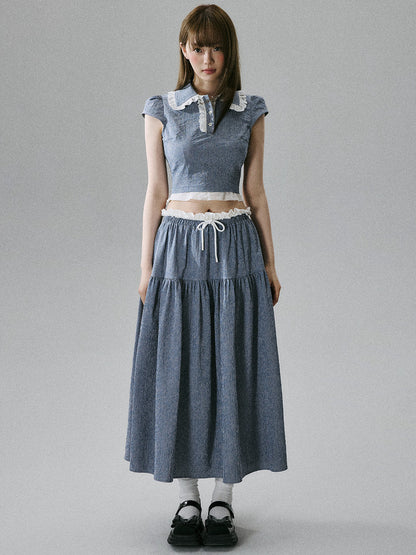 Lace-Trim Short Sleeve Shirt & Drawstring Skirt Setup NA8856