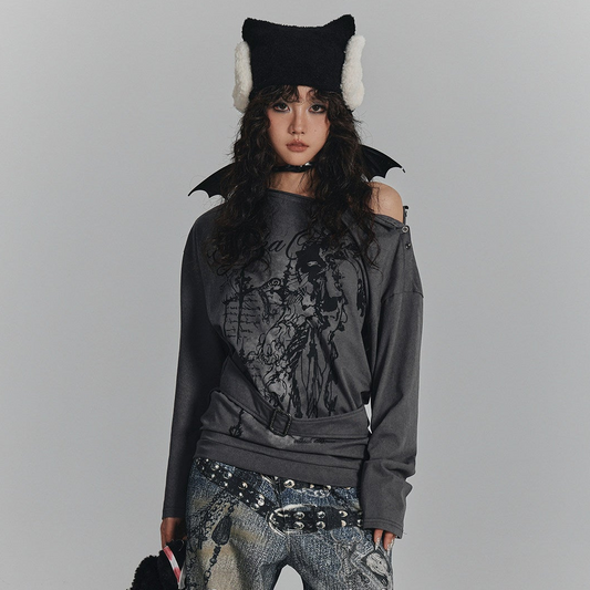 Slanted Shoulder Long Sleeve T-Shirt &  Belt NA9234