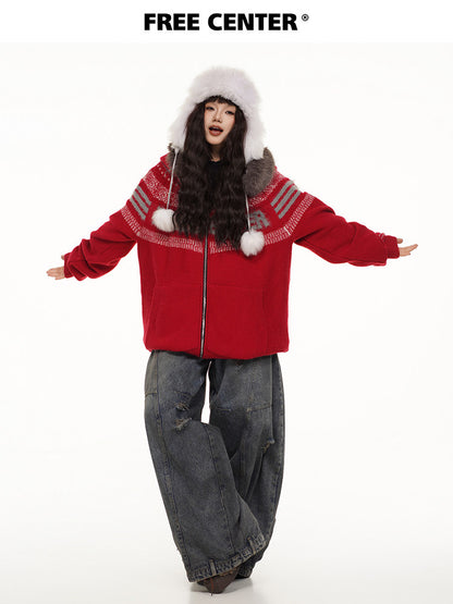 Fair Isle Hooded Detachable Fur Collar Knit Cardigan NA8870