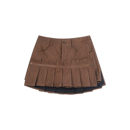 Zipper Pleats PU Leather Skirt NA3895