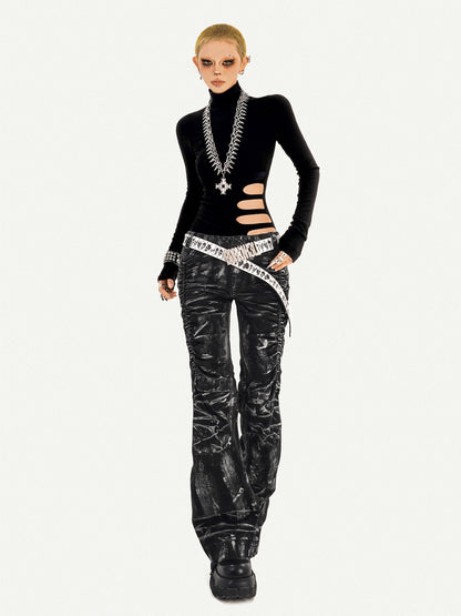 Lightning Print Deconstructed Pleats Flare Denim Jeans NA8630